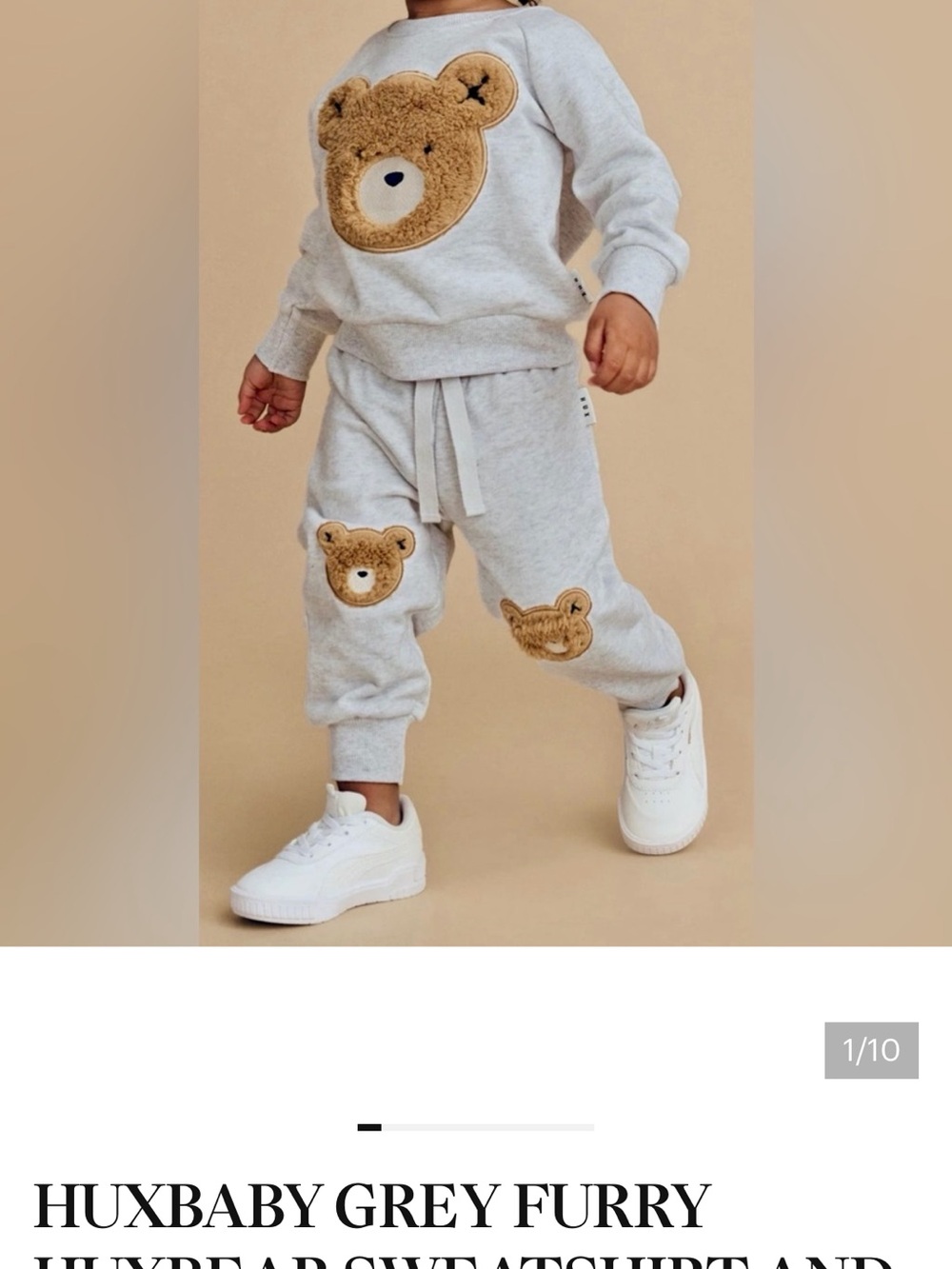 Huxbaby Grey Sweatshirt & Joggers Set with Tan Teddy Appliqués